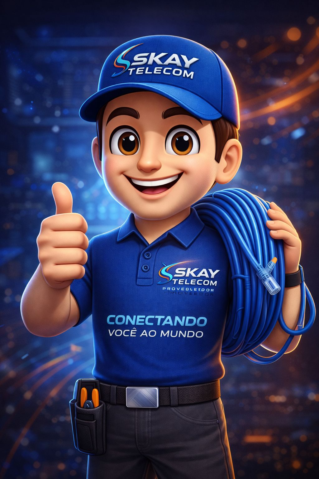 Mascote da SKAY Telecom com uniforme azul e cabo de rede